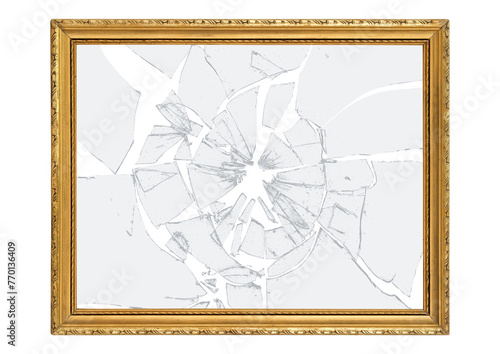 Obraz na płótnie Vintage gilded antique picture frame and broken glass cracks and splinters with transparent background. w salonie