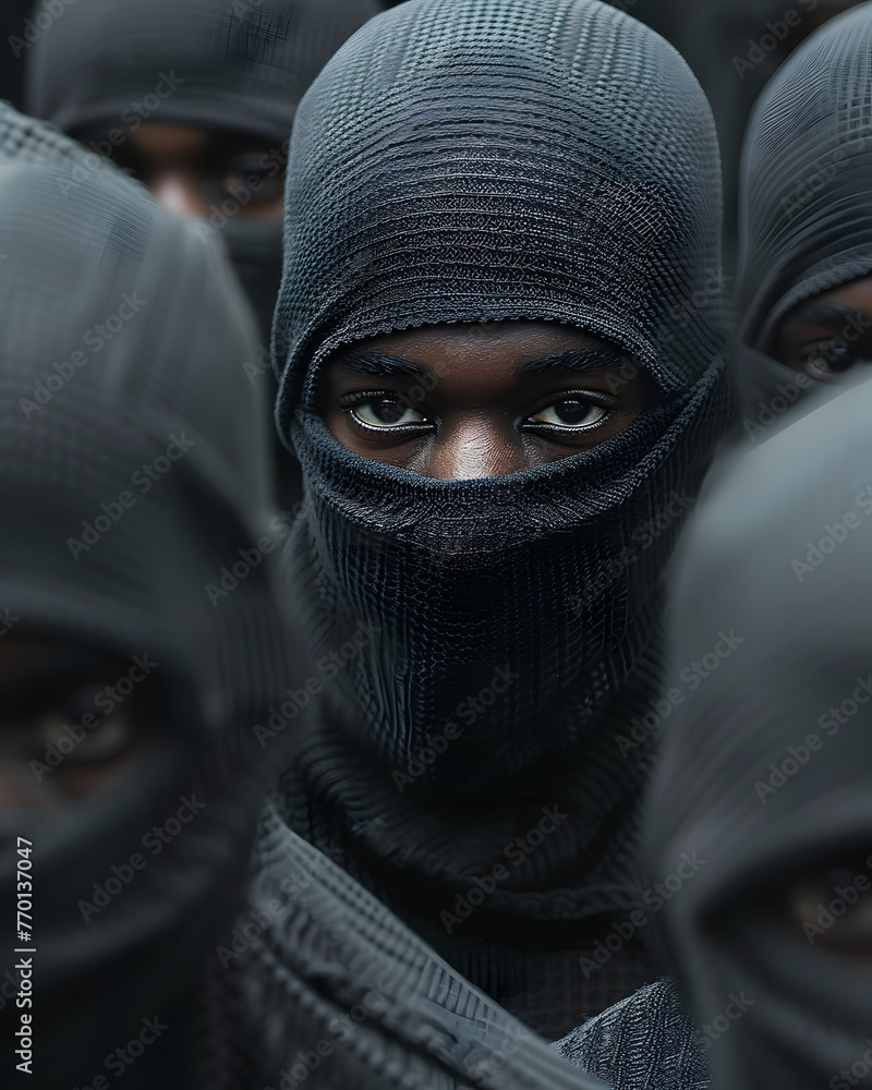 A group of people in black face masks stand together