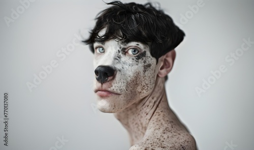 human dog, anthropomorphic hybrid of human and animal, portrait of a young man with the nose and hair of a dog, beautiful model, fantastic character, advertising, imaginary creature photo