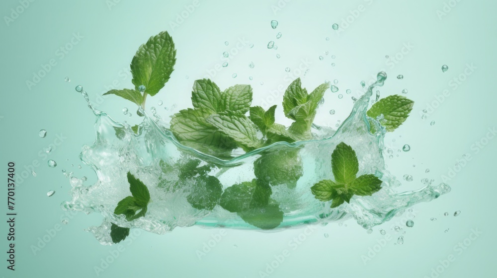 Mint leaves in splash of water Mint leaves in splash of water