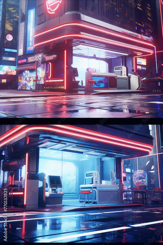 A retro diner at night in a rainy city street with neon lights in the cyberpunk style.