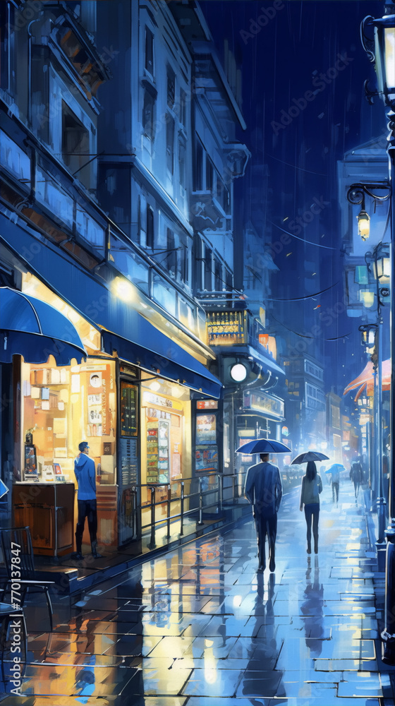 City street with people walking in the rain, blue and purple hues ...