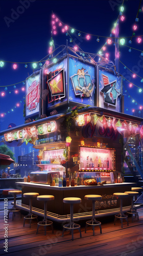 Retro futuristic bar with bright neon lights and vintage advertisements in a city at night, in the style of concept art, with a retro and futuristic style, with a cyberpunk and retrofuturism movement.