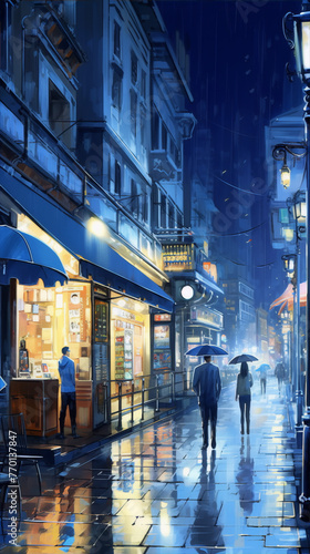City street with people walking in the rain, blue and purple hues, digital art, concept art, rainy mood, urban life