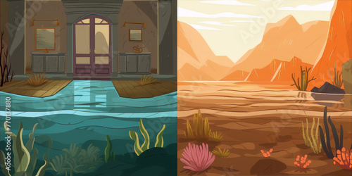 Two contrasting landscapes, one with a flooded room and the other with a desert.