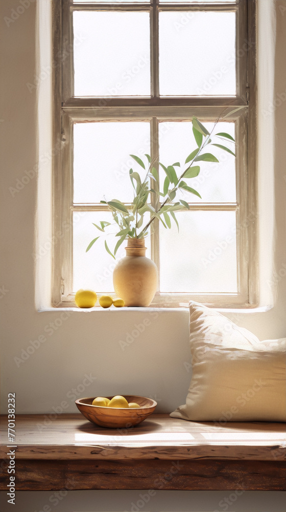 Still life photography of a ceramic vase with olive branches and lemons on a wooden table in front of a window in natural light with a neutral background in the Modern Farmhouse style. Still life photography of a ceramic vase with olive branches and lemons on a wooden table in front of a window in natural light with a neutral background in the Modern Farmhouse style.