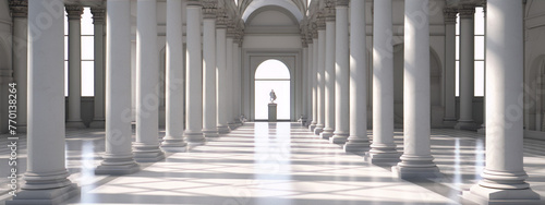 CGI image of a long white marble corridor with ionic columns and a statue at the end in the center in a classical style photo
