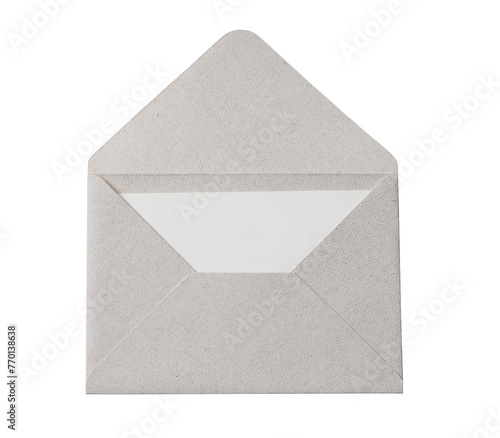Blank white card template mock up. in open beige envelope made from textured fiber paper.  Greeting card or invitation mailing concept. Flat lay, top view. Object isolated on transparent background