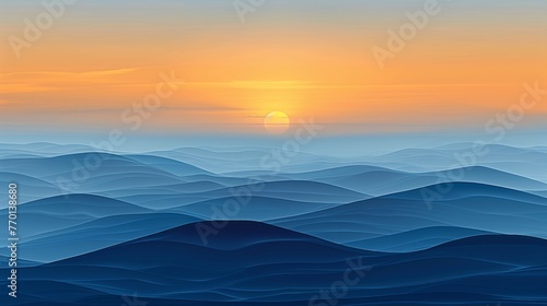 Tranquil pastel sunrise in a minimalist 3d abstract landscape with gentle rolling hills