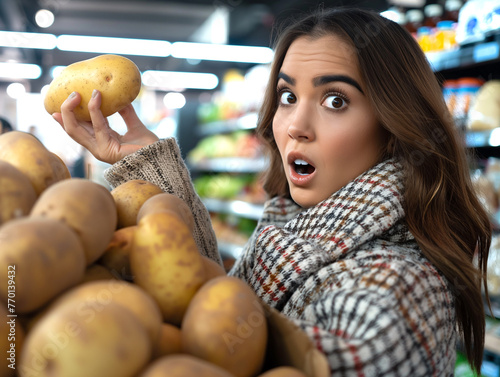 Woman in the grocery store with a potato in her hand