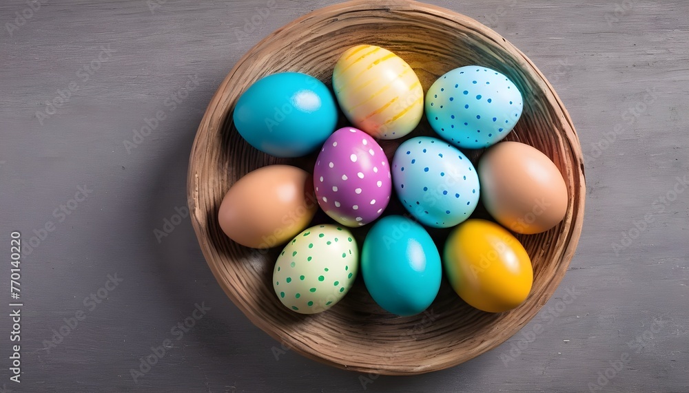 Colorful painted multitude of chocolate easter eggs, iced sugar on them
