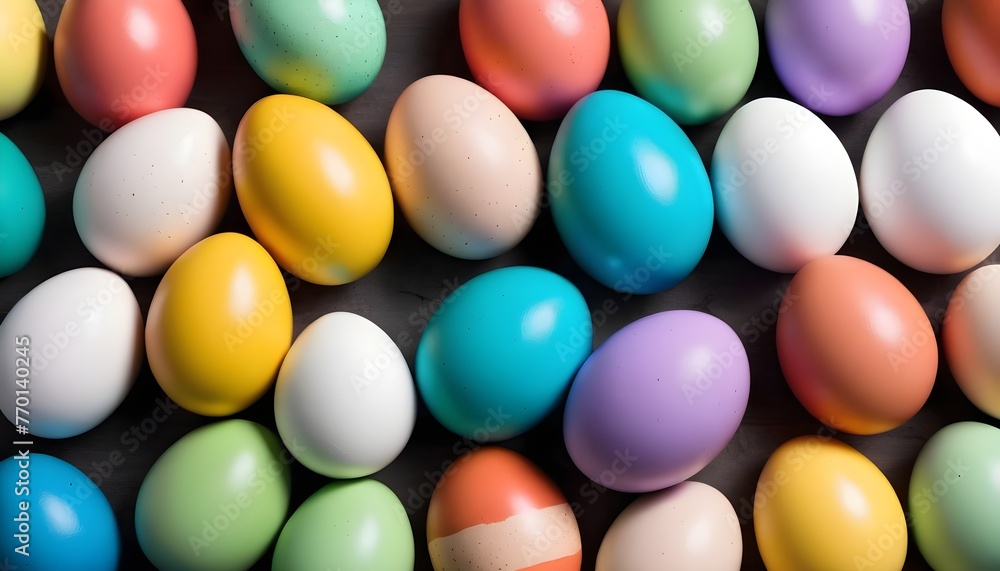 Colorful painted multitude of chocolate easter eggs, iced sugar on them Colorful painted multitude of chocolate easter eggs, iced sugar on them