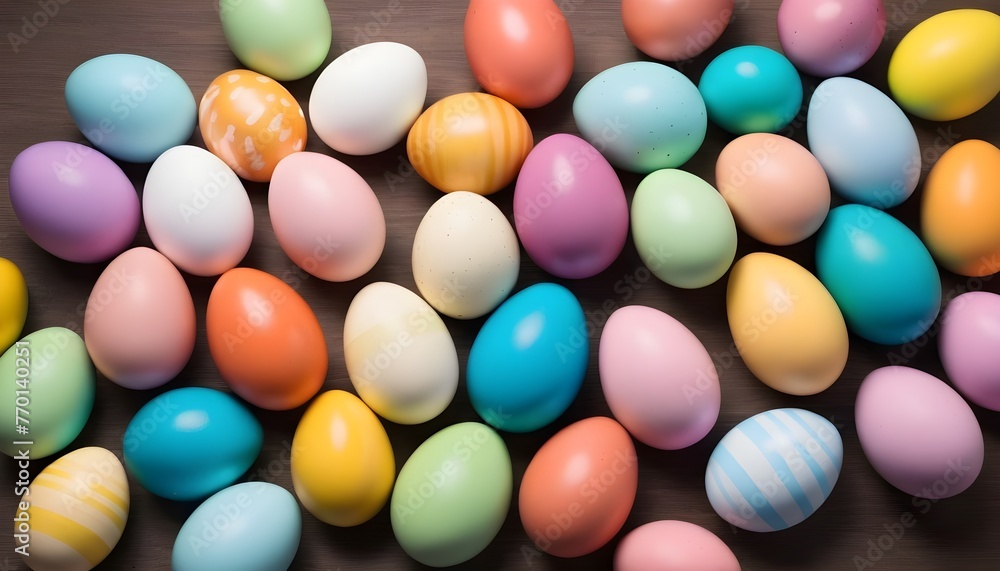 Colorful painted multitude of chocolate easter eggs, iced sugar on them Colorful painted multitude of chocolate easter eggs, iced sugar on them