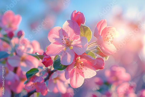 Flowering fruit trees in spring. Blooming branch of cherry  apricot  apple tree in sunny weather in spring.