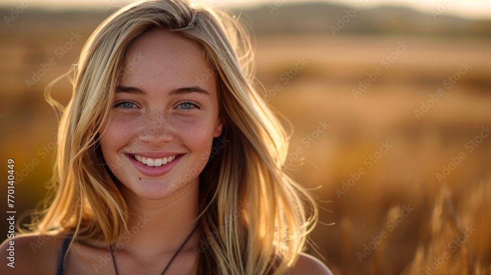 Cheerful young woman beaming with joy in sunlit wheat field at sunset, enjoying the serene beauty Cheerful young woman beaming with joy in sunlit wheat field at sunset, enjoying the serene beauty