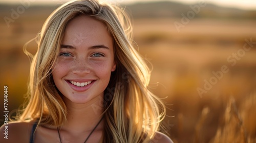 Cheerful young woman beaming with joy in sunlit wheat field at sunset, enjoying the serene beauty