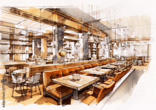 Restaurant interior sketch in warm colors with wooden tables and chairs, pendant lights and large windows in the background