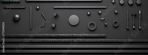 3D render of various black objects on a black surface including spheres, cubes, and other shapes with a minimalist and abstract style.
