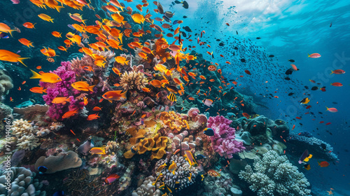 A vibrant coral reef teeming with colorful fish and marine life, beneath crystal-clear turquoise waters