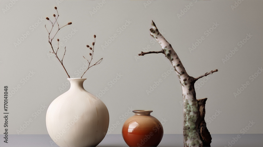 Still life photography of a ceramic vase and a tree branch on a gray background in a minimalist style.