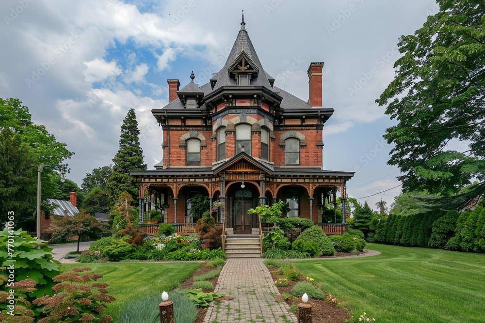 An elegant Victorian-style residence with ornate detailing, a turret, and a meticulously maintained garden.