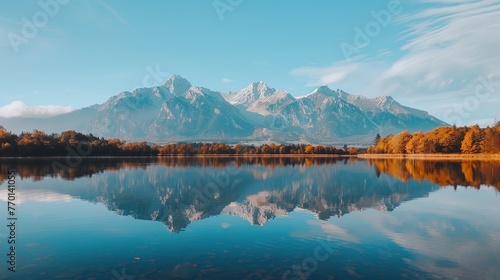 Tranquil high tatra lake autumn sunrise, vibrant mountainside pine forest, serene reflection