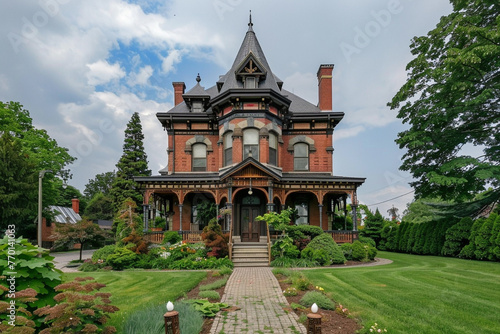 An elegant Victorian-style residence with ornate detailing, a turret, and a meticulously maintained garden.