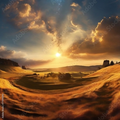A golden sunset in the mountains and Wheat fields