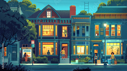 A cozy neighborhood bank with tellers assisting customers and financial advisors providing personalized guidance photo