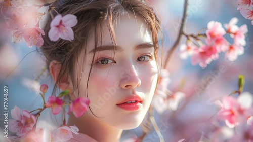 A beautiful girl with spring flowers in her hair