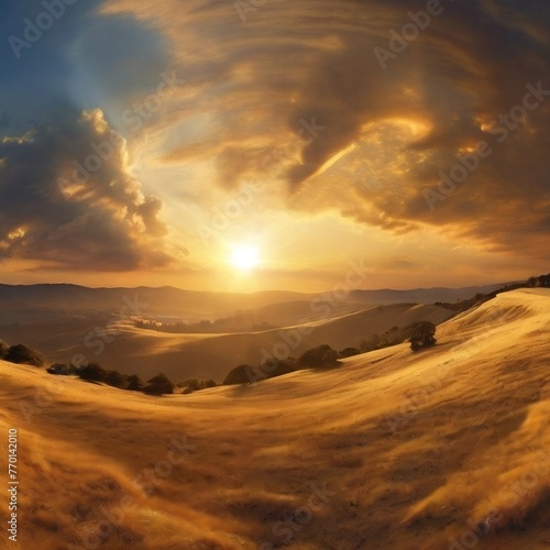 A golden sunset in the mountains and Wheat fields