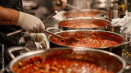 Various pans filled with food placed on a wooden table.