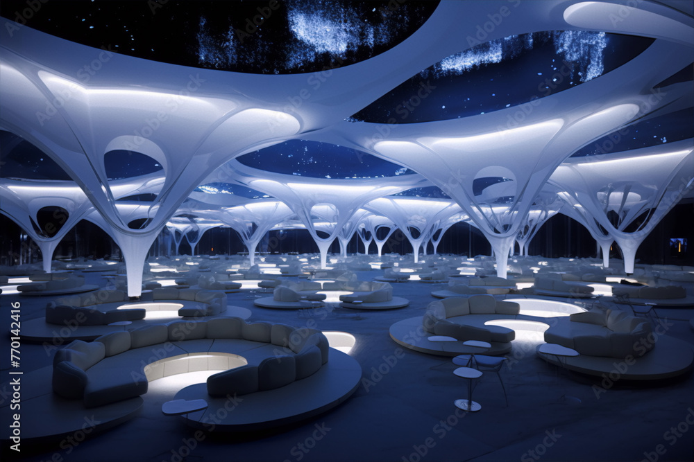 Futuristic white organic architecture interior with blue lighting and starry night sky
