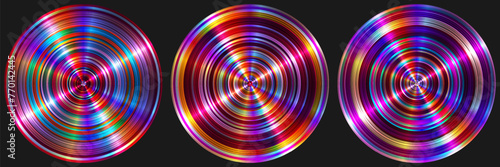 Set of colorful circular anisotropic surfaces. Abstract concentric brushed metal plates for creative geometric cover, music flyer, banner, poster. Round scratched shiny discs it pink tones. Vector