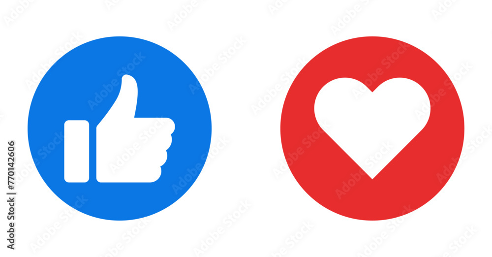Like and love icon button. Thumbs up and heart flat icon , Social media notification icons. emoji post reactions set. Vector illustration Like and love icon button. Thumbs up and heart flat icon , Social media notification icons. emoji post reactions set. Vector illustration