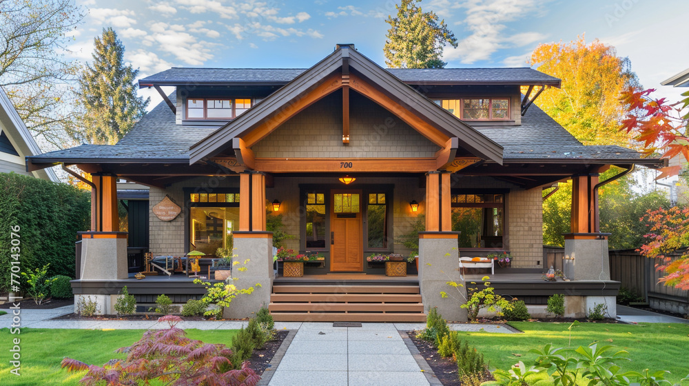 A charming craftsman-style house with a covered porch and intricate woodwork.