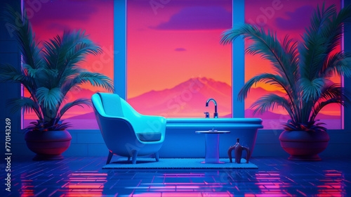 Synthwave style bathroom interior with blue bathtub and pink neon lights