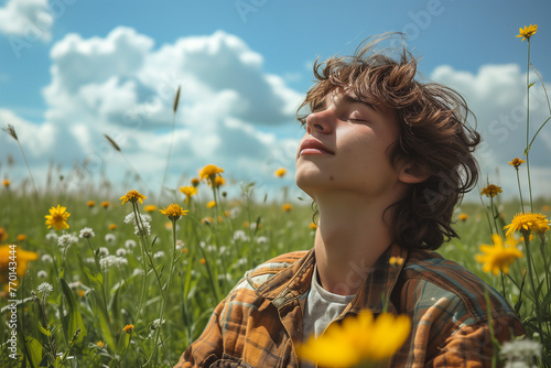 Youth basking in sunny flower field with blue sky. Generative AI image photo