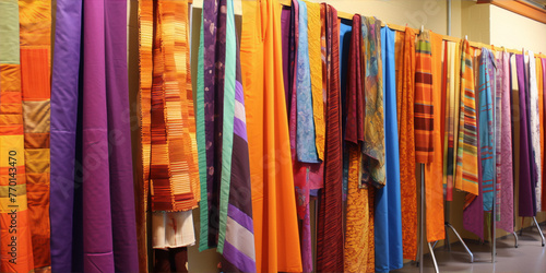 Colorful and diverse collection of handwoven and printed textile art pieces in various sizes displayed on racks in an exhibition space.