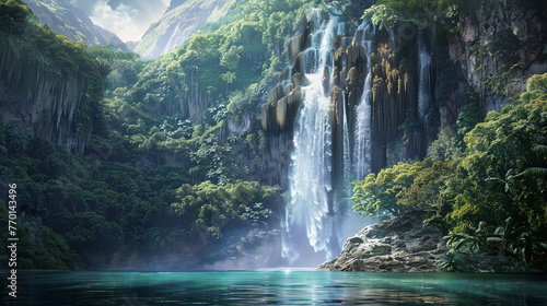 A majestic waterfall cascading down rugged cliffs into a pool below  surrounded by lush greenery