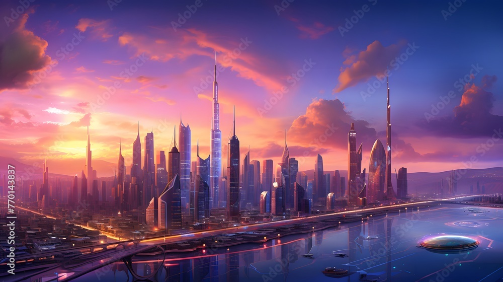 Panorama of Dubai skyline at sunset, United Arab Emirates, Middle East