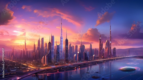 Panorama of Dubai skyline at sunset  United Arab Emirates  Middle East