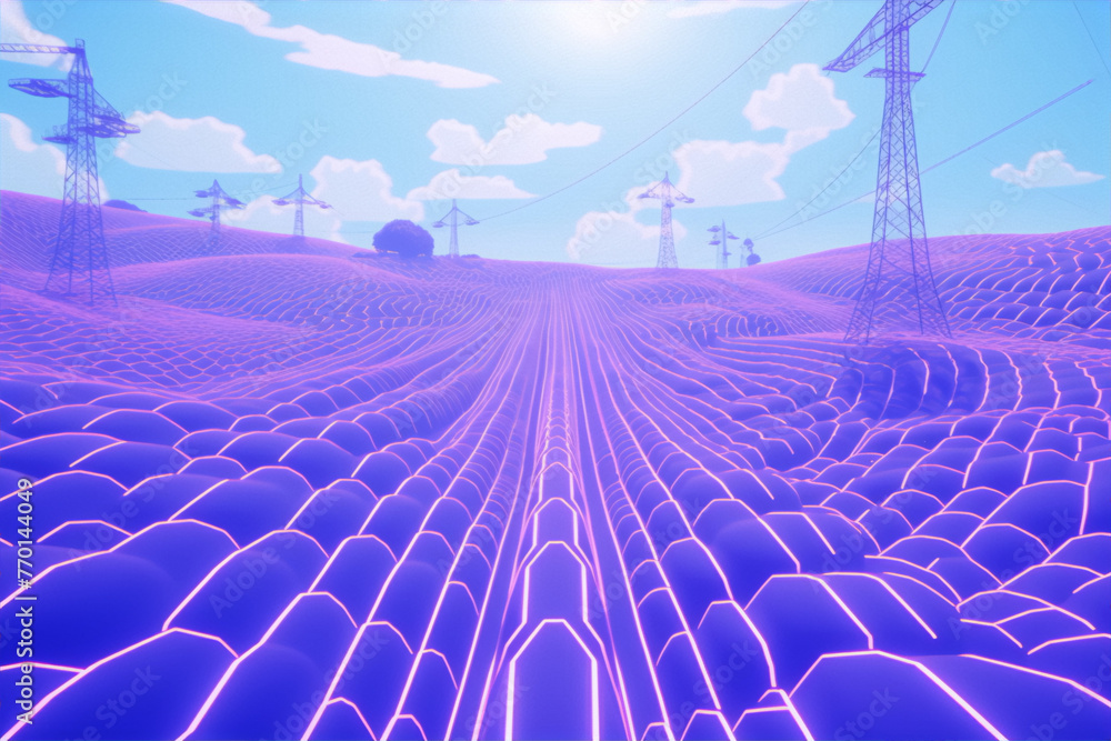 Fototapeta premium Surreal landscape with glowing purple hills and power lines in the distance rendered in a low poly style.