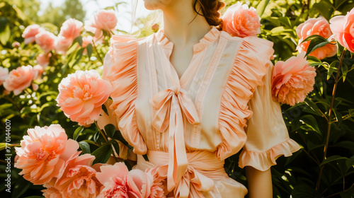 Elegant anonymous woman in a peach ruffled dress blending with a garden of lush peonies, embodying the peach fuzz color of the year, envisioned by generative AI photo