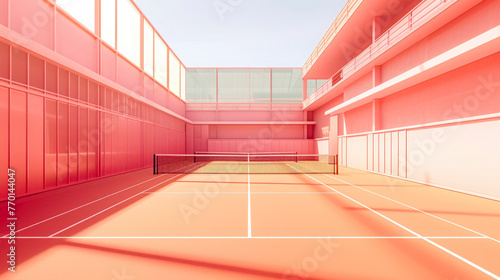 An empty tennis court bathed in the trendy peach fuzz color of the year, offering a serene and stylish sports setting, designed by generative AI photo