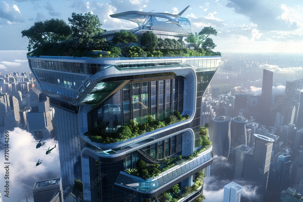 A sleek and futuristic high-rise building with a glass facade, vertical gardens, and a rooftop helipad.