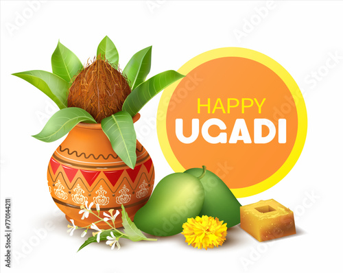 Greeting background with Kalash (pot) and green mango fruits for Indian New Year festival Ugadi (Yugadi, Gudi Padwa). Vector illustration.