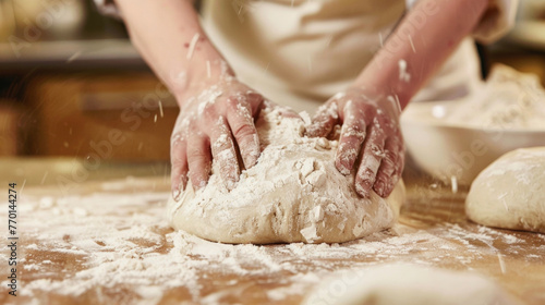 A person is kneading dough on top of a wooden table.
