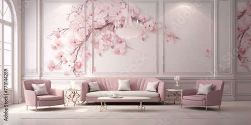 Elegant pink living room with sofa and armchairs in classic interior style photo