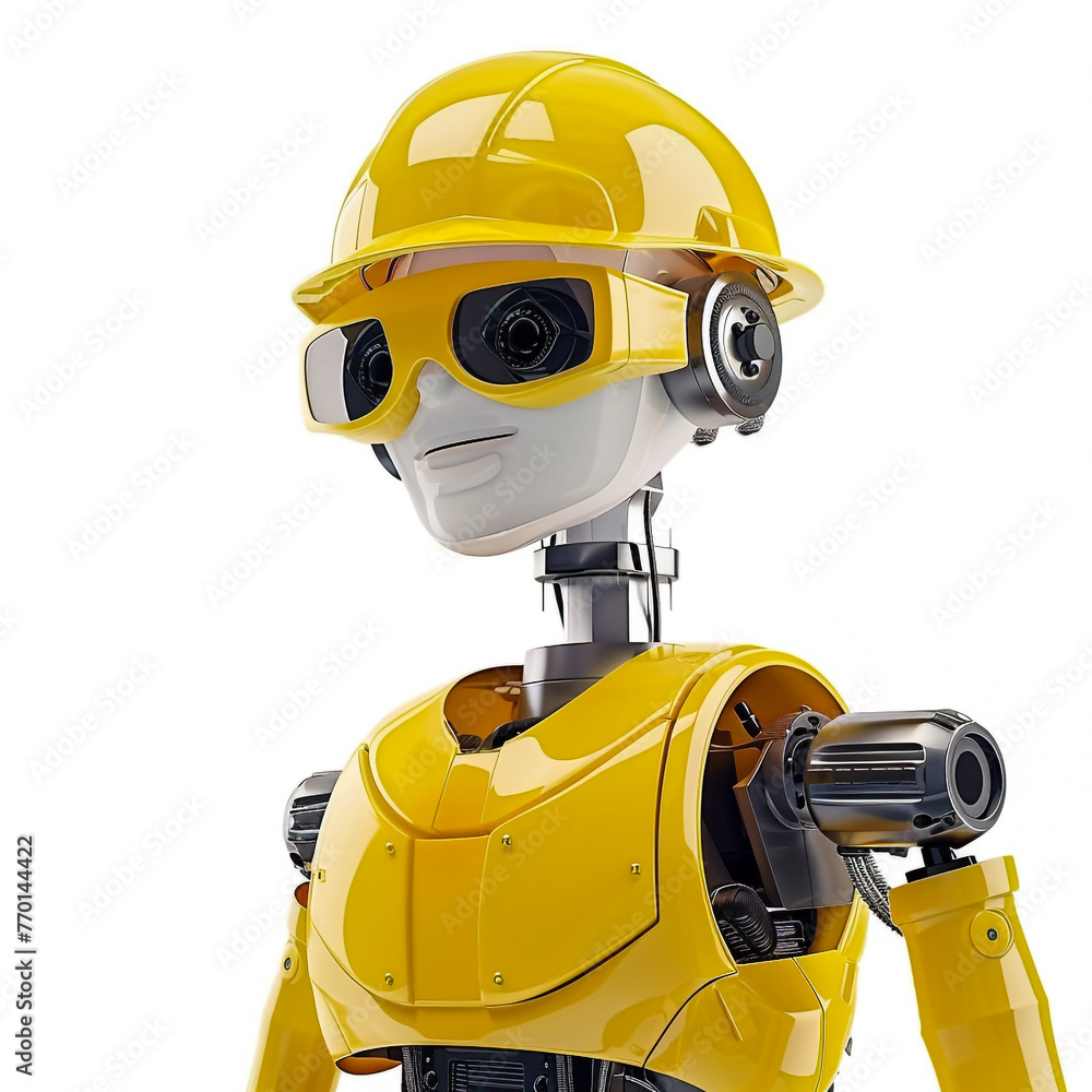 Robot wearing a factory helmet on white backbround